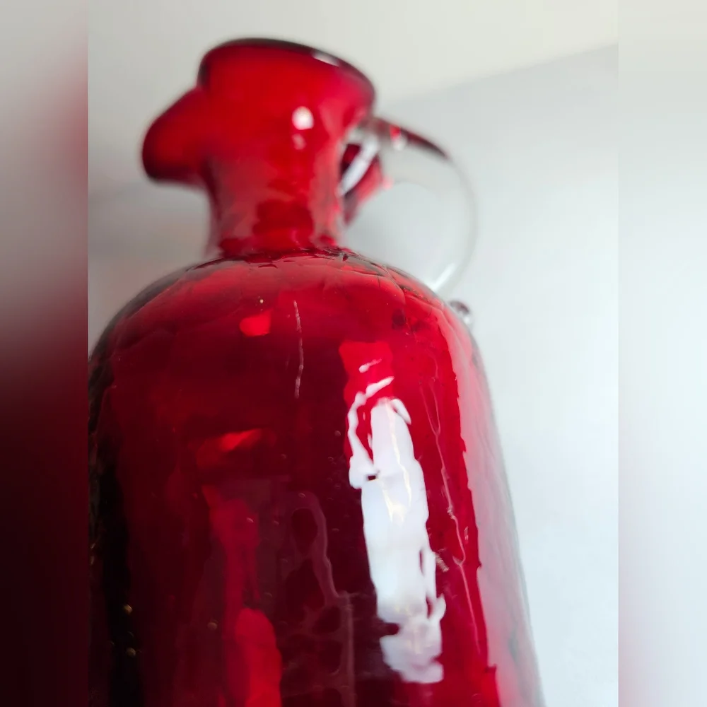 VTG Red Crackle Glass Vase Pitcher Blown Glass, Applied Handle 5" - Picture 5 of 8